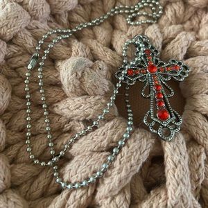 🌺 Silver medal cross with red stones